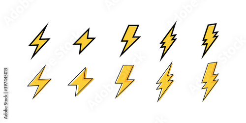 Thunder bolt vector icon. Flash logo set. Lightning icons on white background. Electrical sign. Thunderbolt symbol. Electric concept stock vector illustration.