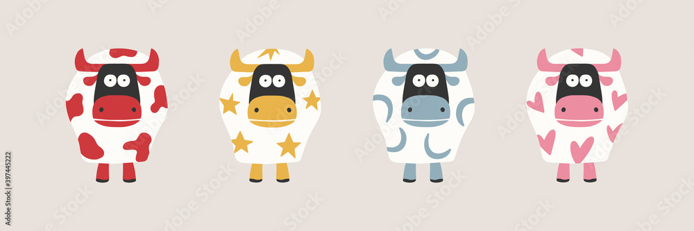set of bulls,Template poster, card, invitation for party with year 2021 Lunar horoscope sign. vector illustration set of bulls,Template poster, card, invitation for party with year 2021 Lunar horoscope sign. vector illustration