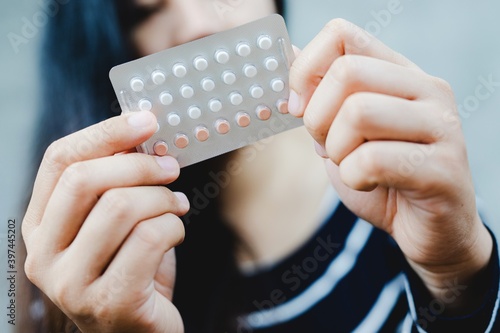 Concept birth control .woman with contraceptive means prevent pregnancy