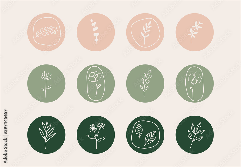 Round texture and floral icons for social media stories. Set of various vector highlight covers. Round texture and floral icons for social media stories. Set of various vector highlight covers.