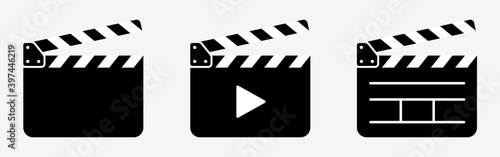 Tela Clapper board icon set. Open movie clapper vector