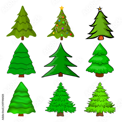 Christmas trees set. Cartoon fir tree illustration isolated on white background. Collection of seasonal pine design. Colourful green pines for xmas card or invitation. Symbol of december.