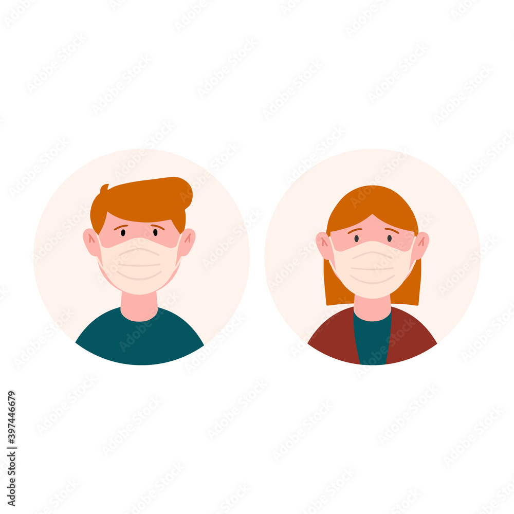 Girl and man wearing face mask to help protect and slow spread of Covid19. Coronavirus pandemic awareness concept. Vector illustration