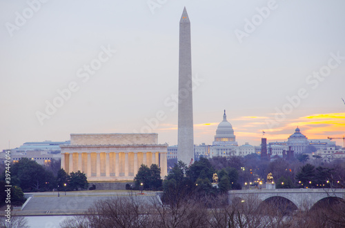 Washington D.C. skyline at sunrise with the National Monuments The Capitol, Lincoln Memorial and Washington Monument - Washington D.C. United States of America