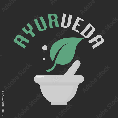 Ayurvedic Medicine Crusher. Mortar and pestle with text AYURVEDA. Alternative medicine concept. Flat style illustration. 