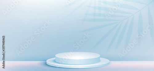 Cosmetic background for product  branding and packaging presentation. geometry form circle molding on podium stage with shadow of leaf background. vector design EPS10.