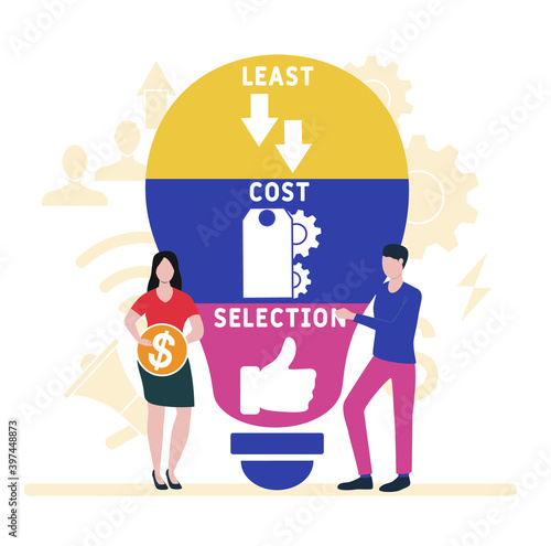Flat design with people. LCS - Least Cost Selection acronym. business concept background. Vector illustration for website banner, marketing materials, business presentation, online advertising