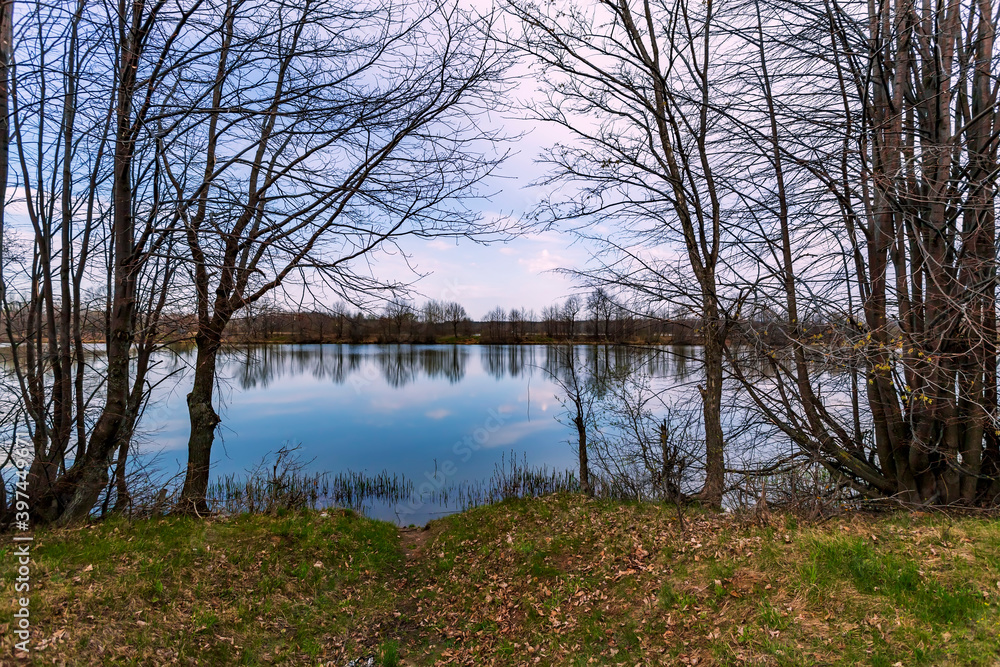 Nature awakening. Spring landscape with trees and grass on river. Nature awakening. Spring landscape with trees and grass on river.