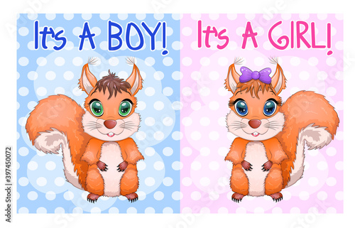 Cute animals at the invitation of a baby shower, a boy and a girl. Cute cartoon squirrel with beautiful eyes
