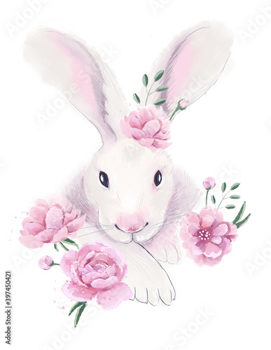 Easter illustration with bunny and flowers. Cute rabbit drawing for poster or postcard