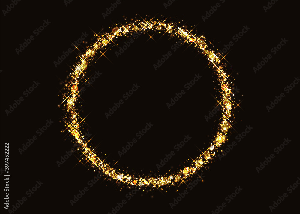 Gold circle with sparkles and free space in center isolated on black background. Rotating blue light shiny with sparkles, Suitable for product advertising, product design, and other.
Vector data.