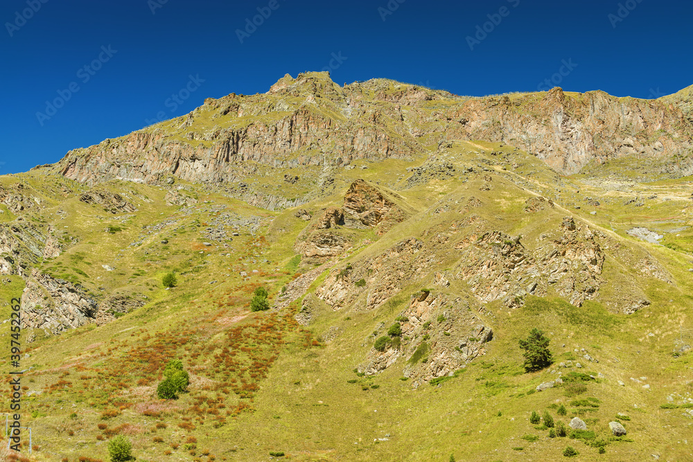 Sunny view of stone valley from mountain Elbrus, North Caucasus, Kabardino-Balkaria, Russia.