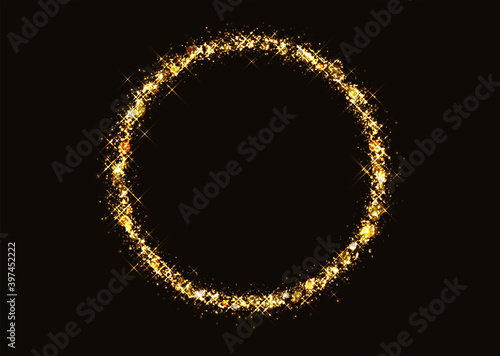 Gold circle with sparkles and free space in center isolated on black background. Rotating blue light shiny with sparkles, Suitable for product advertising, product design, and other. Vector data.