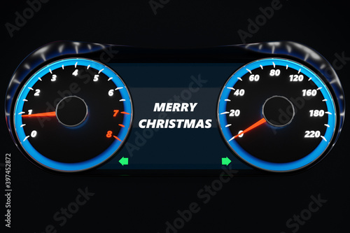 3D illustration Close up Instrument automobile panel with speedometer, tachometer, which says Merry Christmas 2020, 2021. The concept of the new year and Christmas in the automotive field.