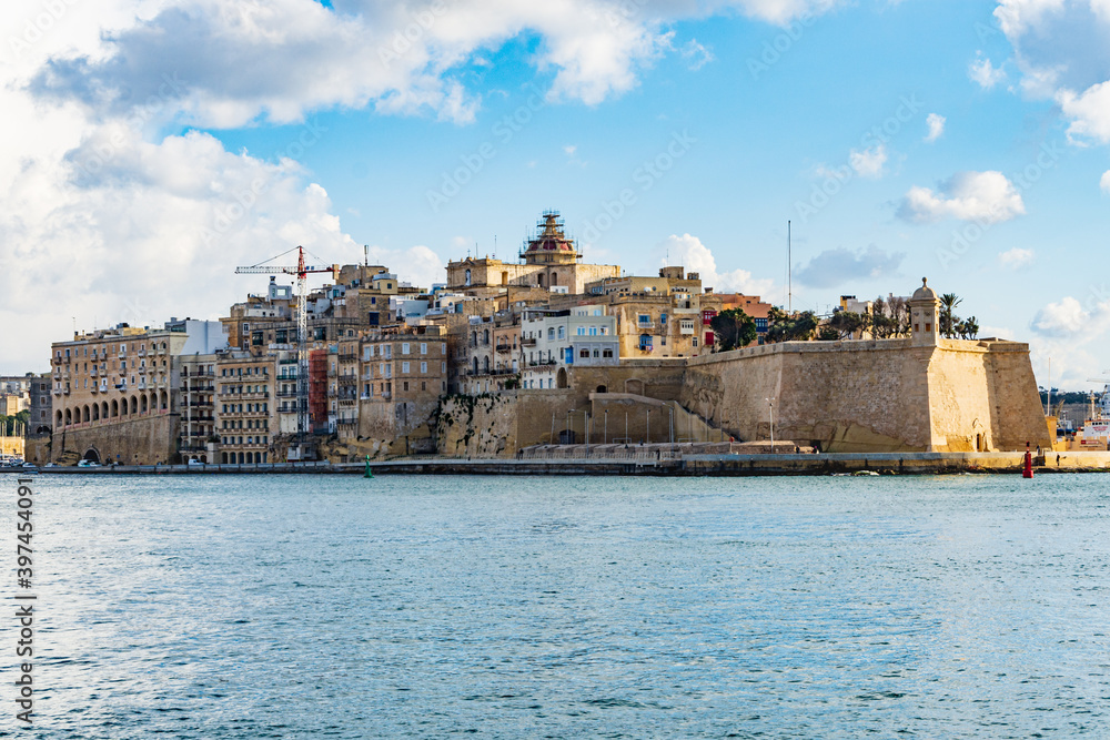 The fortified city of Senglea in Malta. The fortification known as The Spur with the Gardjola Guard Tower stick out into the Grand Harbour.