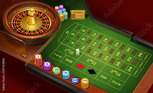 Realistic casino roulette on a green table, wheel and black, red, blue, blue chips. Template for an online game. Vector illustration