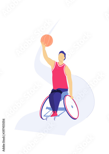 Wheelchair basketball. Basketball player in a wheelchair bouncing the ball. Flat vector illustration.