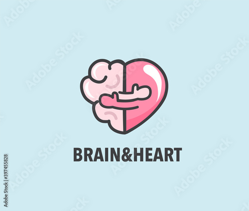 Halves of heart and brain that are hugging. Warm hugs of rational and emotion as symbol of health. Close embrace as physical and mental love logo. Banner, flyer, web poster. Vector illustration