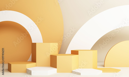 Abstract Yellow Composition with Podium. Minimal Studio with Round Pedestal and Copy Space ,Showcase, Product Presentation 3D Render