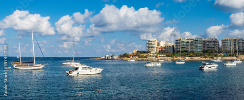 Yachts moored in Saint Julians Bay close to Sliema, Malta.