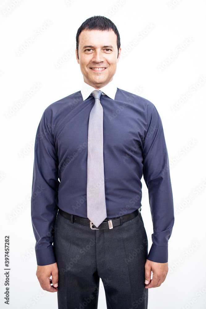 Fototapeta premium A man in a classic suit. Studio photo on a white background. Snapshot as for a catalog.