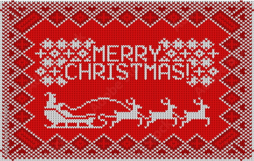 Merry Christmas and New Year knitted pattern with lettering MERRY CHRISTMAS, deer, snowflakes and fir. Scandinavian or russian style. Winter Holiday Sweater Design knitted embroidery pattern.