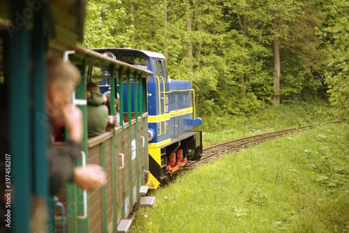 Fototapeta Naklejka Na Ścianę i Meble -  The Bieszczady Forest Railway. A view of a locomotive pulling wagons in the forest. Tourist attraction of the Bieszczady Mountains