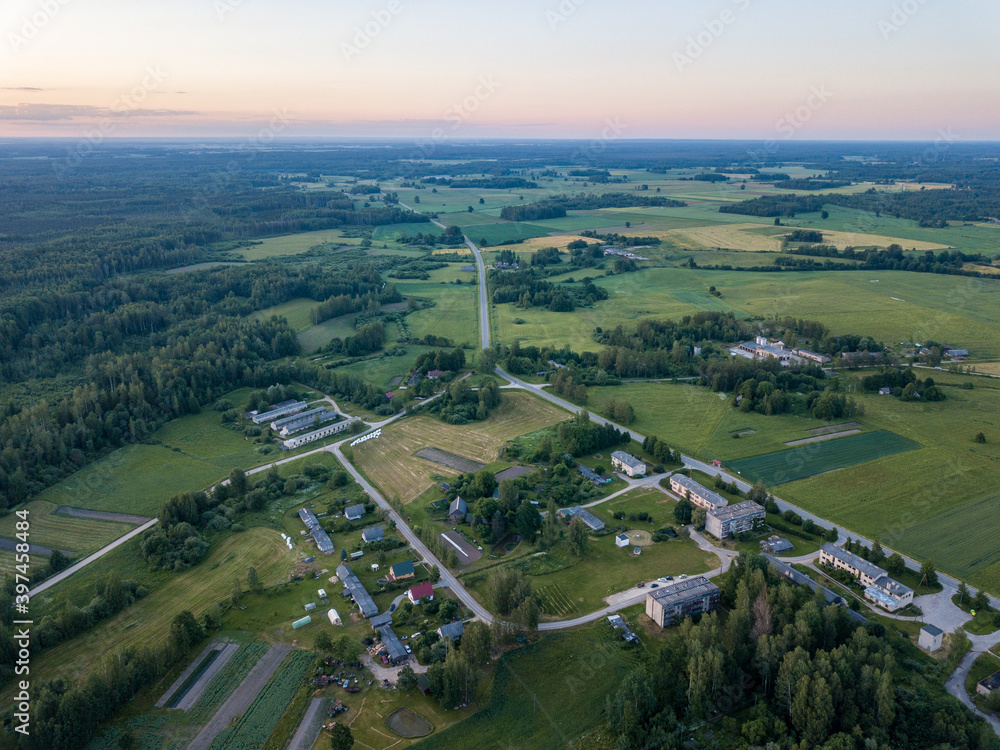 summer fields forests and roads in countryside view from above drone image