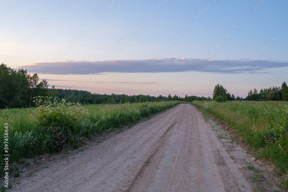 endless beautiful country gravel road in perspective