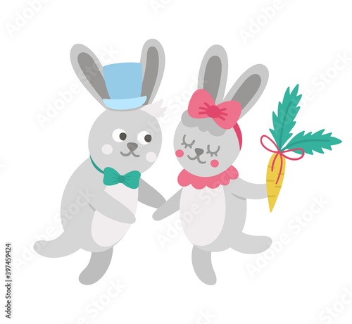 Vector cute rabbits pair. Loving animal couple illustration. Love relationship or family concept. Hugging hares isolated on white background. Funny Valentine’s day characters..