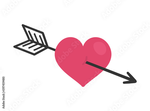 Vector heart with arrow shot through. Saint Valentine’s day symbol. Funny element with love concept isolated on white background. Playful February holiday icon.