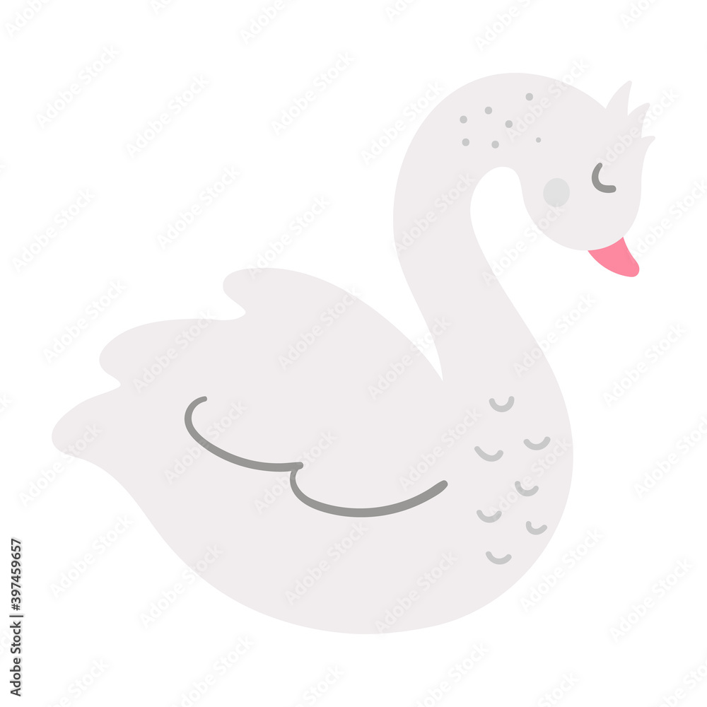 Vector cute swan isolated on white background. Romantic bird illustration. Love concept or Valentine’s day character for kids..