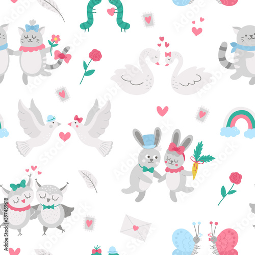 Vector seamless pattern with cute animal pairs. Repeating background with loving couples. Love relationship or family concepts digital paper. Texture with Valentine’s day characters..