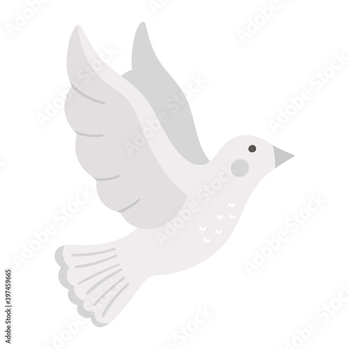 Vector cute flying dove with spread wings isolated on white background. Romantic bird illustration. Love and piece concept or Valentine’s day character for kids..