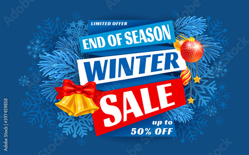 Advertising banner about Winter Sale at the end of season with fir twigs, christmas decor and snowflakes. Invitation for shopping with 50 percent off. Trendy style, dark blue background. Vector. 