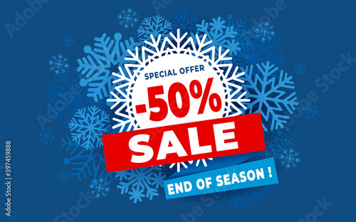 Advertising banner about Winter Sale at the end of season with snowflakes. Invitation for shopping with 50 percent off. Trendy style, dark blue background. Vector illustration. 