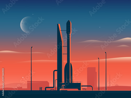 Fototapeta Naklejka Na Ścianę i Meble -  Vector illustration of a rocket spaceship at sunset preparing for launch