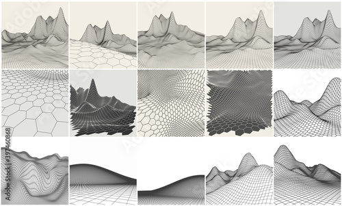 Wireframe landscape backgrounds set. EPS 10 Vector illustration. Terrain digital topography wireframe. Mountain data wireframe modelling map.