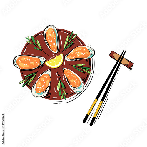 Flavory mussels baked with spicy sauce on wooden stand. Traditional Italian and Asian seafood dish. Top view vector illustration in cartoon style of healthy and nutritious oysters food