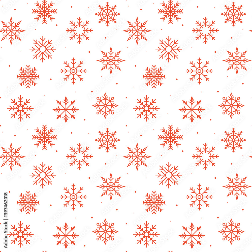 Red Christmas snowflakes on a white background. Seamless ornament for decor, wallpaper, gift paper and decoration of New Year's souvenirs. Great for fabric, textile Vector Illustration. christmas card