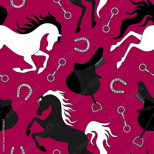 Black and white horse, saddle and horseshoe silhouette seamless pattern. Vector illustration.