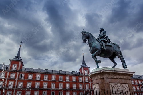 King Philip III statue in Plaza Mayor, Madrid, Spain.