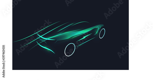 Futuristic electric car silhouette in motion on dark background. EV concept. Green eco transportation concept. Vector illustration