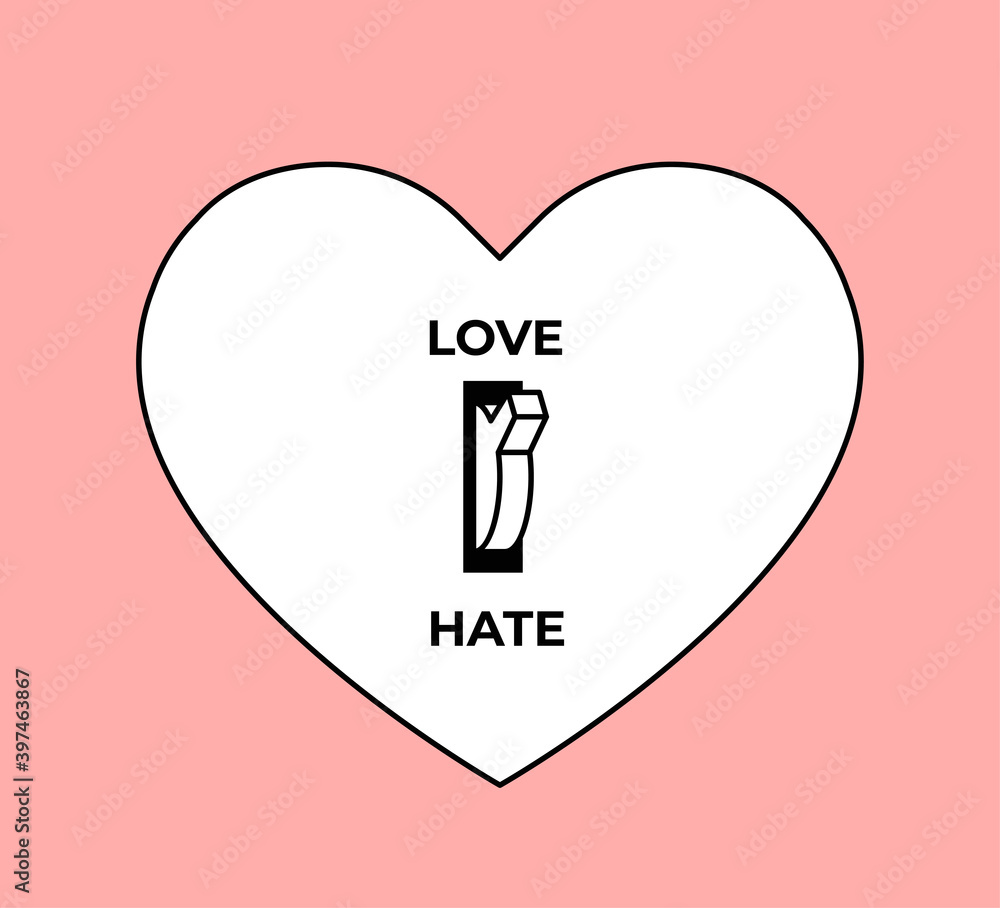 Feelings concept. Love or Hate choice. White heart silhouette with