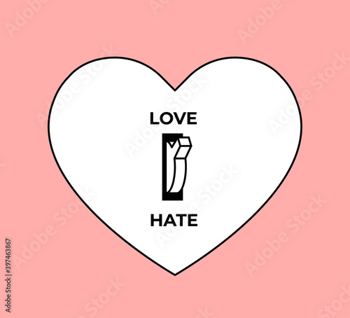 Feelings concept. Love or Hate choice. White heart silhouette with toggle switch between love and hate turned to love position. Minimalistic conceptual vector illustration