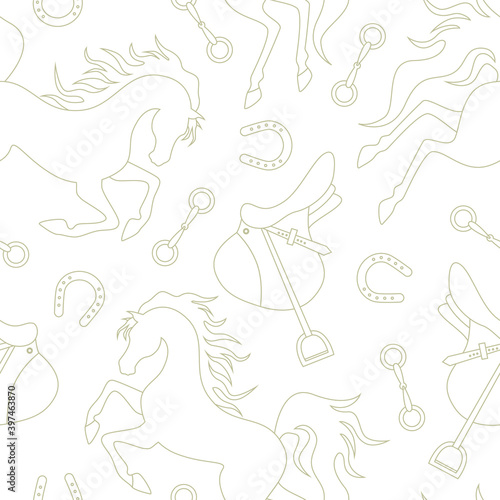 Grey outline horse, saddle and horseshoe silhouette seamless pattern. Vector illustration.