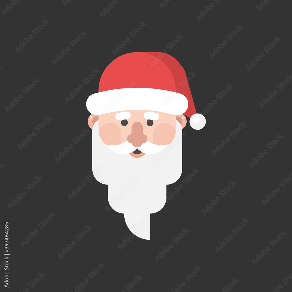 Santa Clause face with beard and hat. Cartoon Christmas character vector illustration, isolated on background
