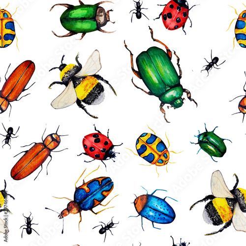 Watercolor seamless pattern of bug. 