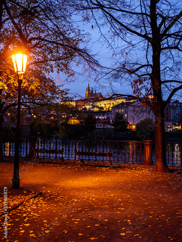 View on Prague Castle from the evening park across the Vltava river
