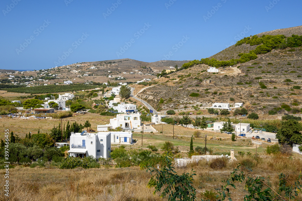 Panorama of Paros Island with traditional Greek white architecture. Cyclades, Greece